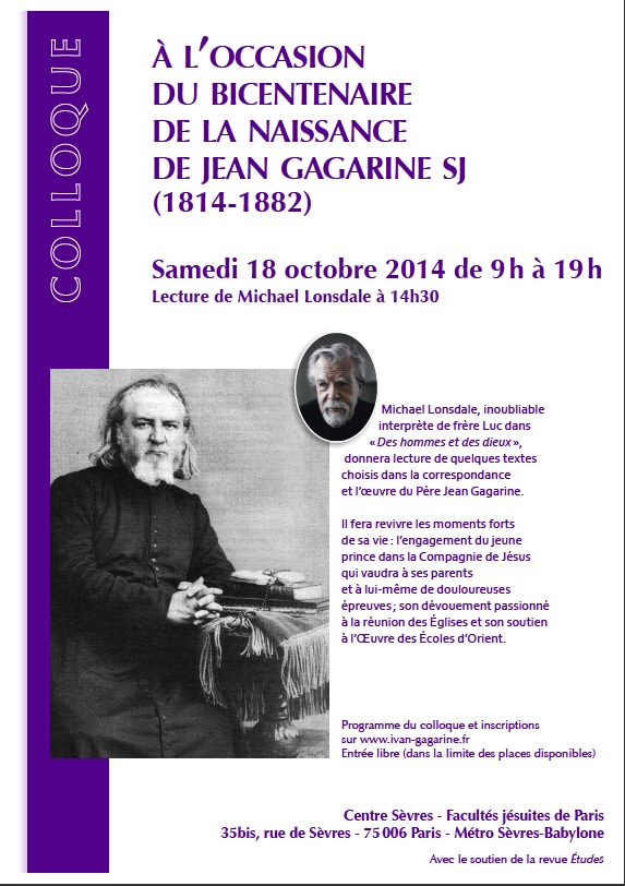 Affiche. Colloque à l’occasion du bicentenaire de la naissance de Jean Gagarine sj (1814-1882)